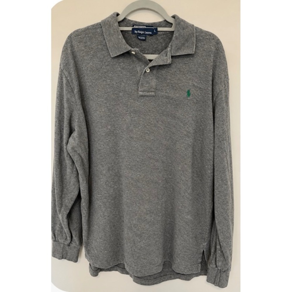 Polo Ralph Lauren Mens Large Grey Long Sleeve Cotton Polo Shirt Green Pony Logo